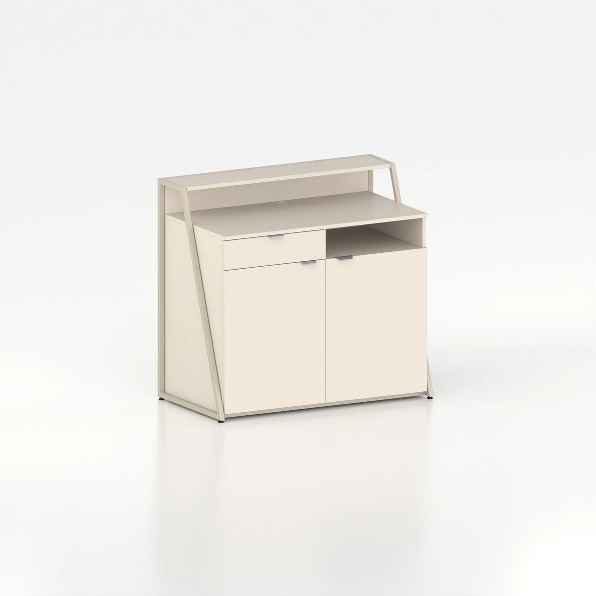 Comptoir de caisse d'agencement vue arrière — plateau bois beige et structure acier beige