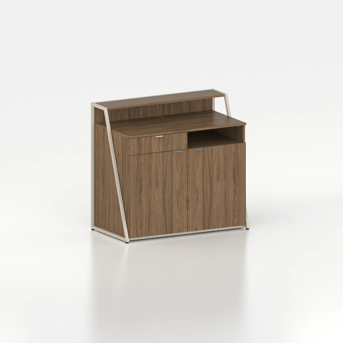 Comptoir de caisse d'agencement vue arrière — plateau bois chêne foncé et structure acier beige