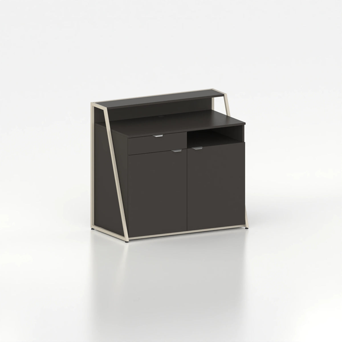 Comptoir de caisse d'agencement vue arrière — plateau bois noir et structure acier beige