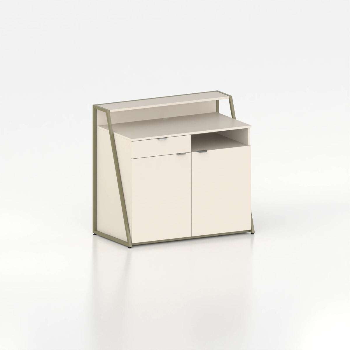 Comptoir de caisse d'agencement vue arrière — plateau bois beige et structure acier vert