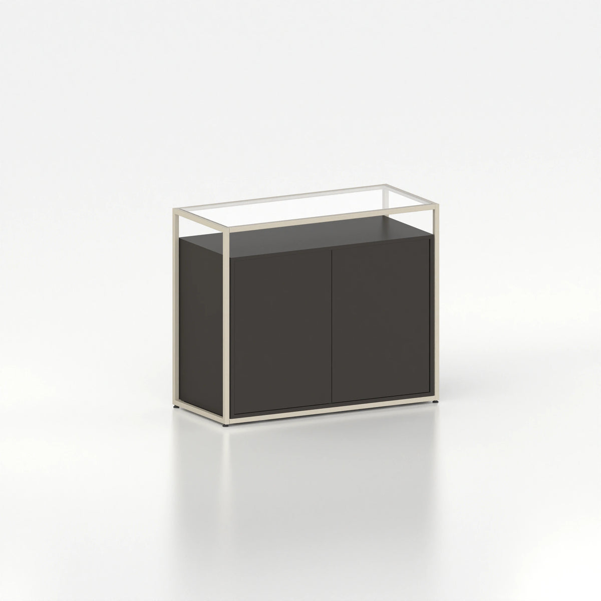 Meuble comptoir vitrine placard plateau verre cadre acier bois magasin — bois noir et coloris beige