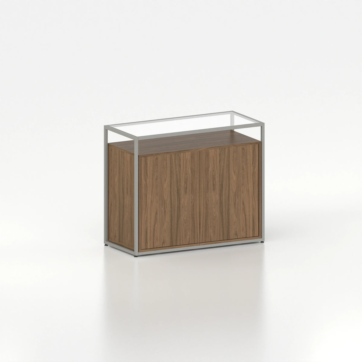 Meuble comptoir vitrine placard plateau verre cadre acier bois magasin — bois chêne foncé et coloris gris