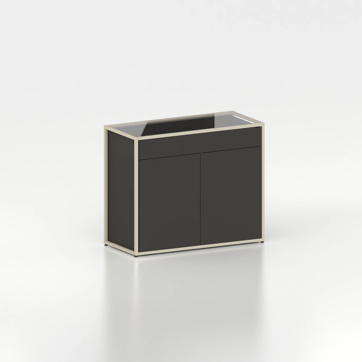 Meuble comptoir vitrine plateau verre chassis acier bois magasin — bois noir et coloris beige