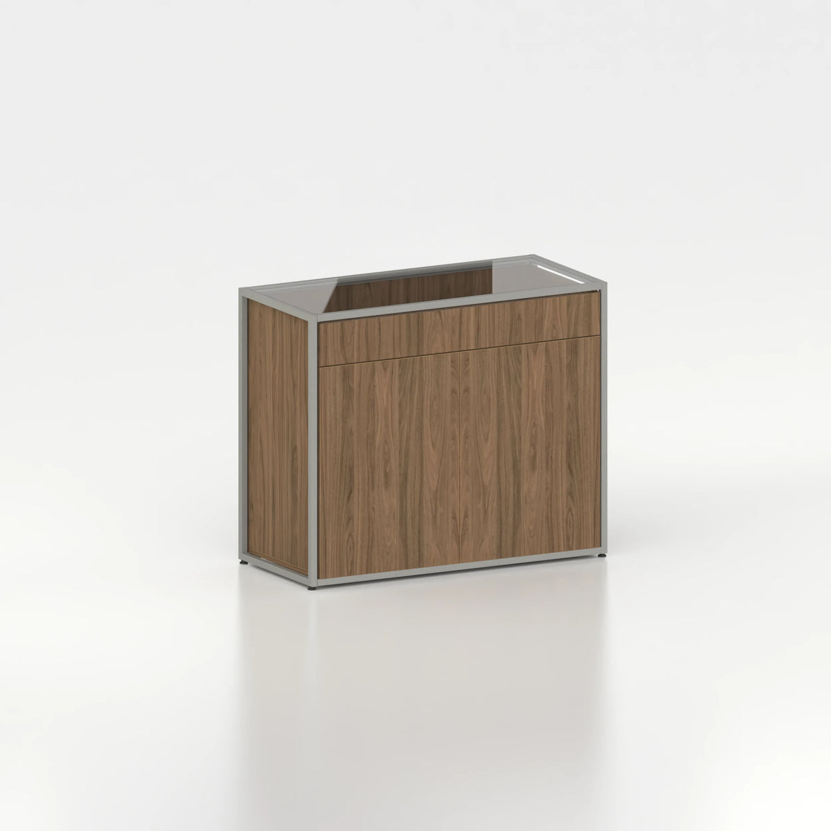 Meuble comptoir vitrine plateau verre chassis acier bois magasin — bois chêne foncé et coloris gris