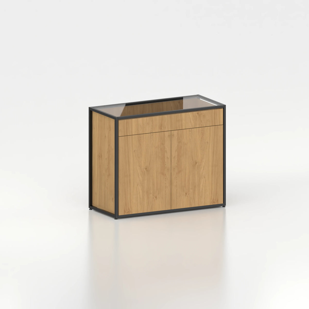 Meuble comptoir vitrine plateau verre chassis acier bois magasin — bois chêne clair et coloris noir