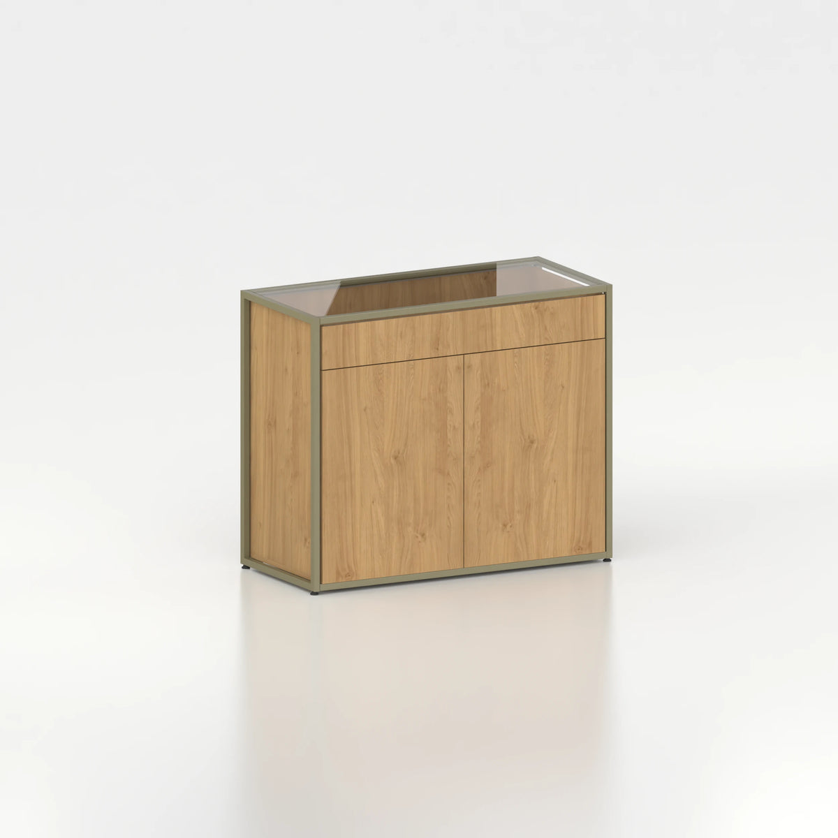 Meuble comptoir vitrine plateau verre chassis acier bois magasin — bois chêne clair et coloris gris