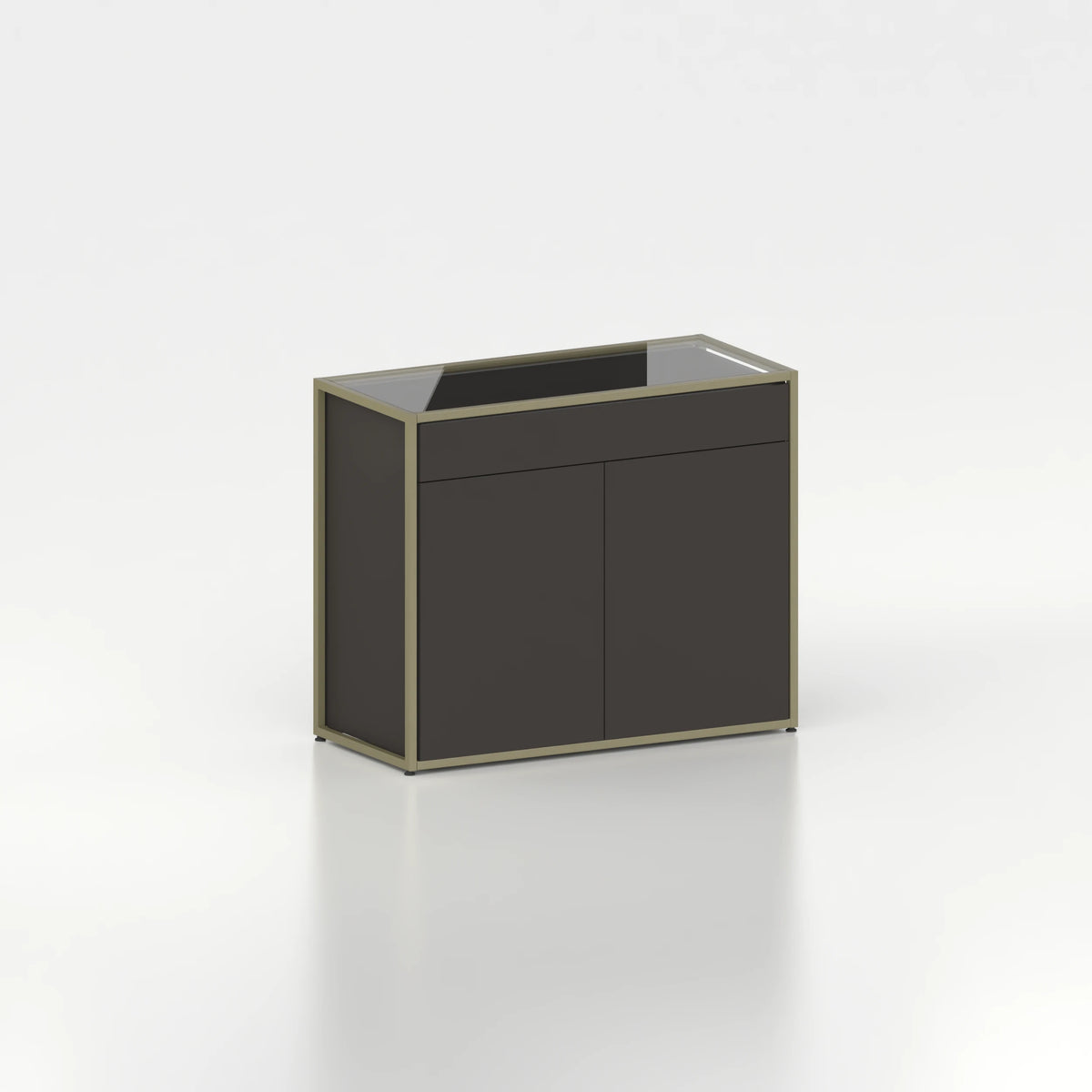 Meuble comptoir vitrine plateau verre chassis acier bois magasin — bois noir et coloris vert