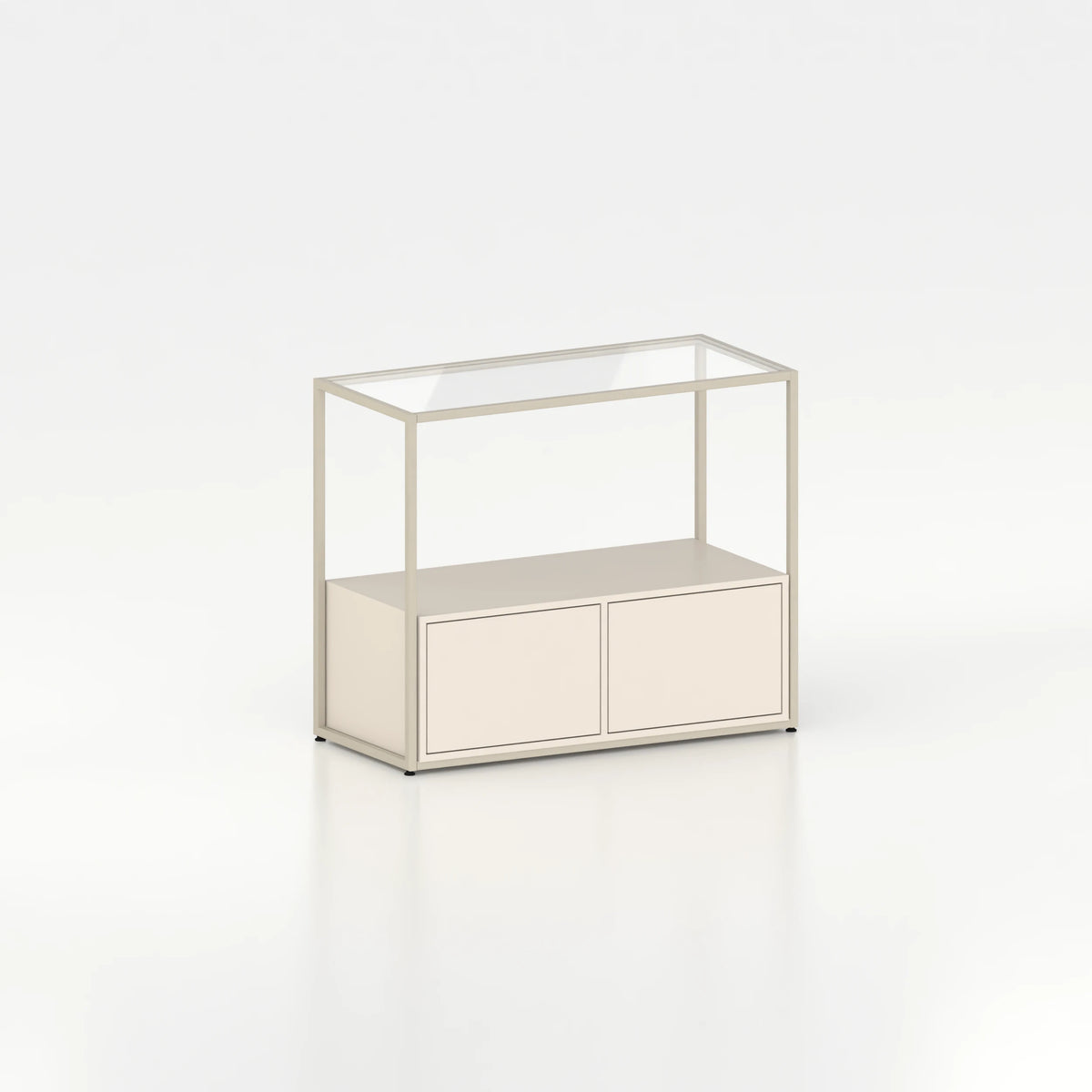 Meuble comptoir vitrine stockage bas plateau verre chassis acier bois magasin — bois beige et coloris beige