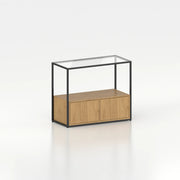 Meuble comptoir vitrine stockage bas plateau verre chassis acier bois magasin — bois chêne clair et coloris noir