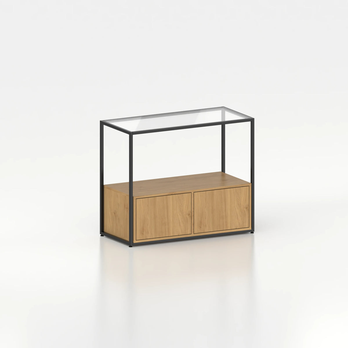 Meuble comptoir vitrine stockage bas plateau verre chassis acier bois magasin — bois chêne clair et coloris noir