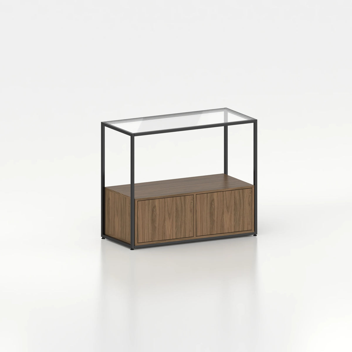 Meuble comptoir vitrine stockage bas plateau verre chassis acier bois magasin — bois chêne foncé et coloris noir