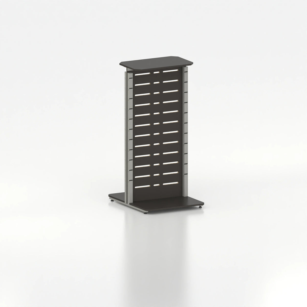 Présentoir display autoportant avec montants Poto et panneau Slatwall pour vitrine — bois noir et coloris gris