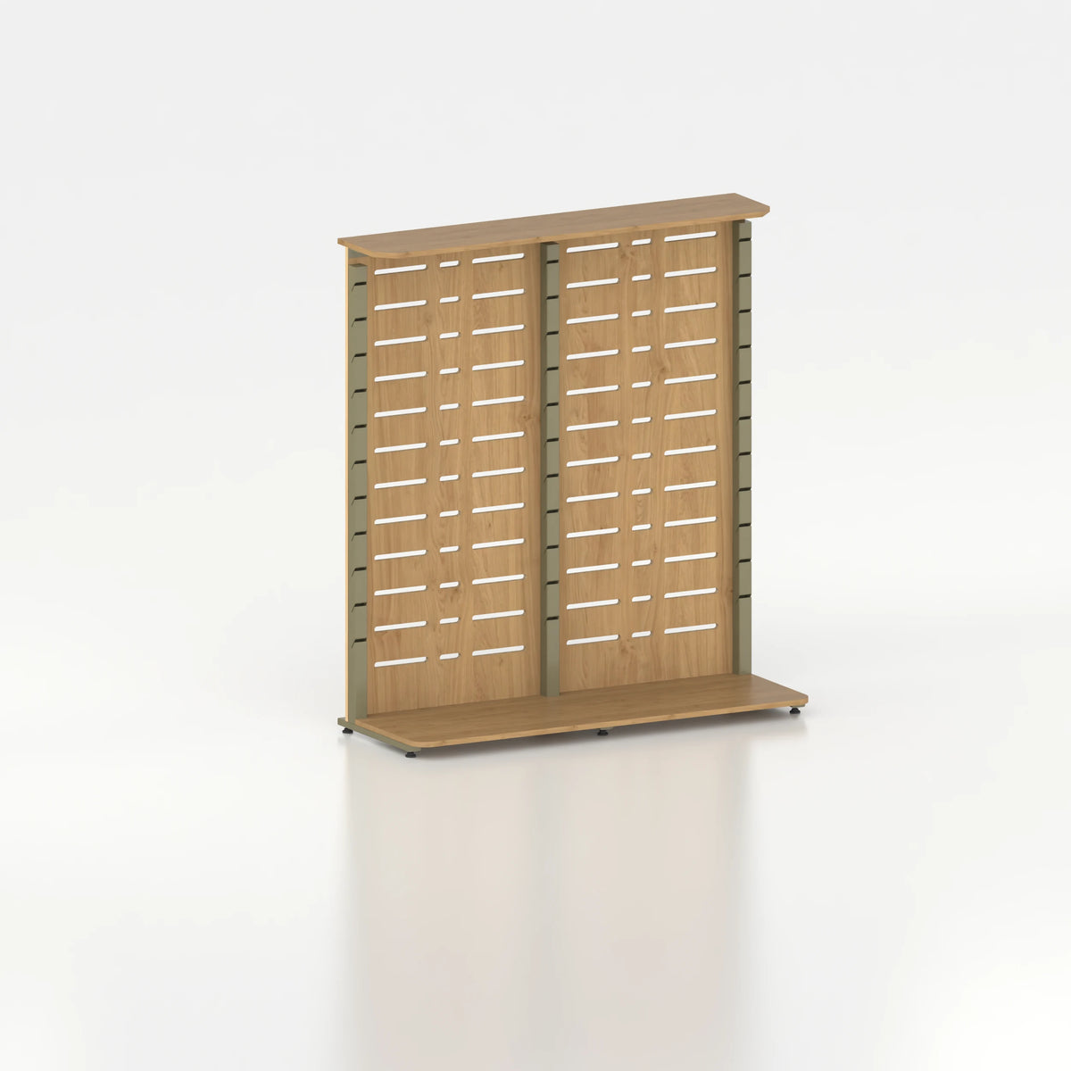 Présentoir display pour îlot central avec montants Poto et panneau Slatwall — bois chêne clair et coloris vert