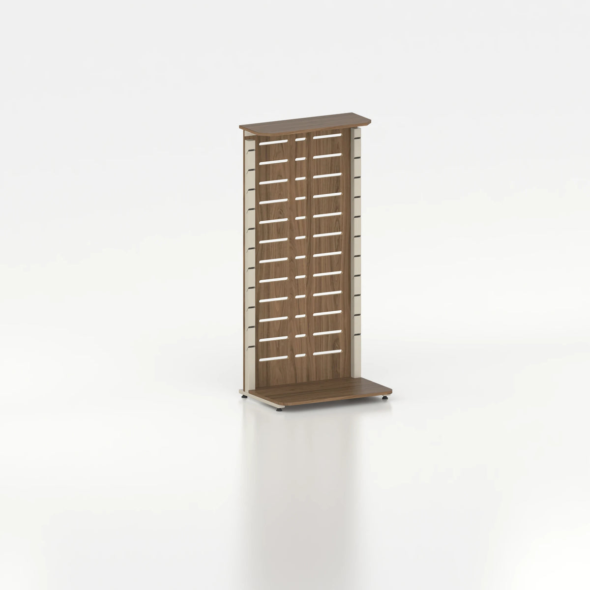 Présentoir display mural avec montants Poto et panneau Slatwall pour vitrine — bois chêne foncé et coloris beige